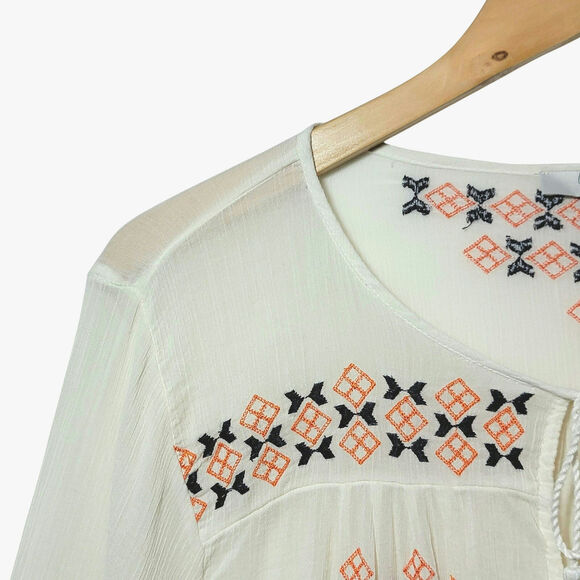 Joie Embroidered Boho Peasant Top Long Sleeve Lightweight Ivory Cream Cotton M - Picture 4 of 16